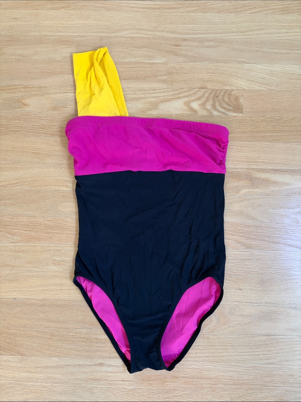 Colorblock One-Shoulder Swim One-Piece in Black, Pink & Yellow